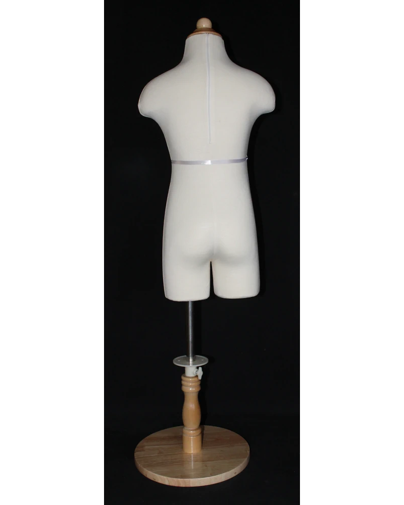12-14 year child dress form in cream white jersey with round wooden base, KID-KF7