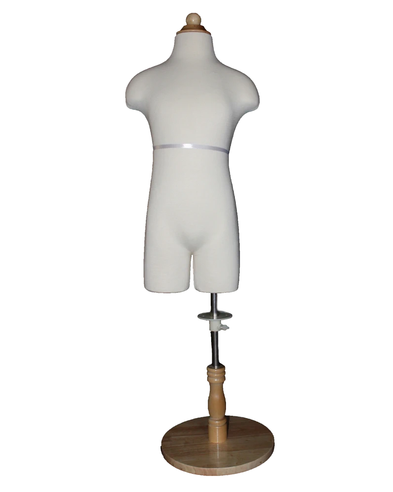 12-14 year child dress form in cream white jersey with round wooden base, KID-KF7