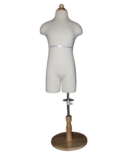 12-14 year child dress form in cream white jersey with round wooden base, KID-KF7