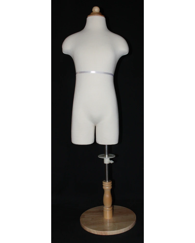 12-14 year child dress form in cream white jersey with round wooden base, KID-KF7