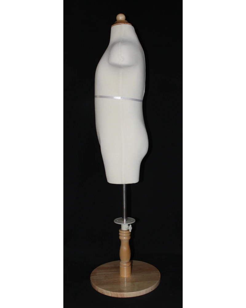 12-14 year child dress form in cream white jersey with round wooden base, KID-KF7