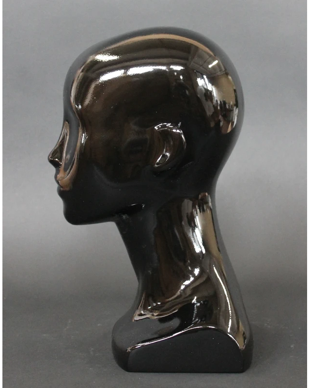 Compact featured-face female head mannequin in glossy black, MH53-HB