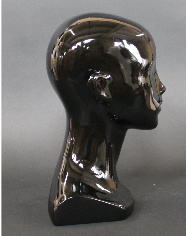 Compact featured-face female head mannequin in glossy black, MH53-HB