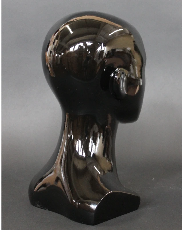 Compact featured-face female head mannequin in glossy black, MH53-HB
