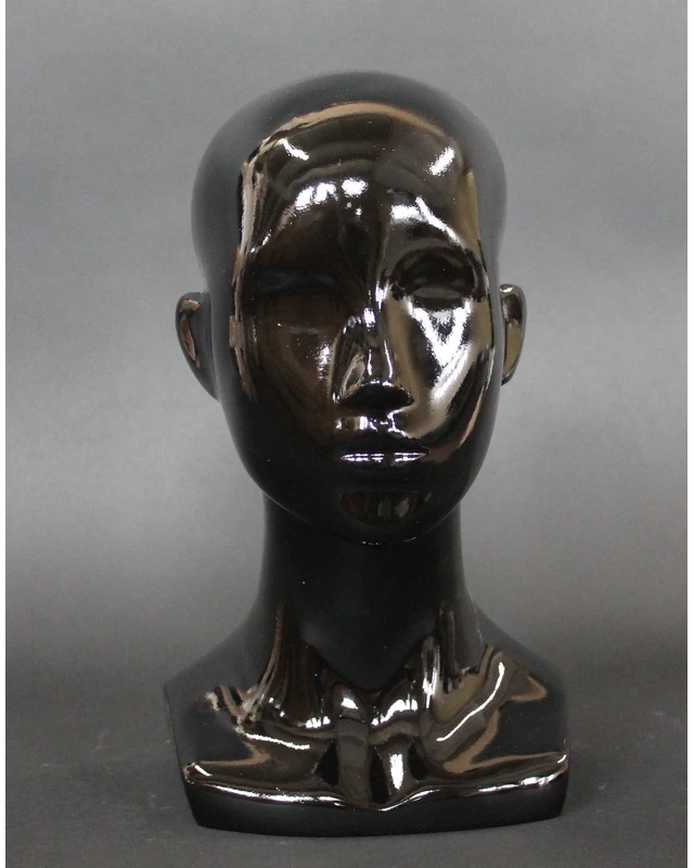 Compact featured-face female head mannequin in glossy black, MH53-HB