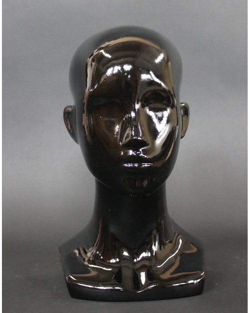Compact featured-face female head mannequin in glossy black, MH53-HB