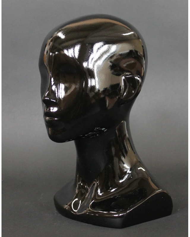 Compact featured-face female head mannequin in glossy black, MH53-HB