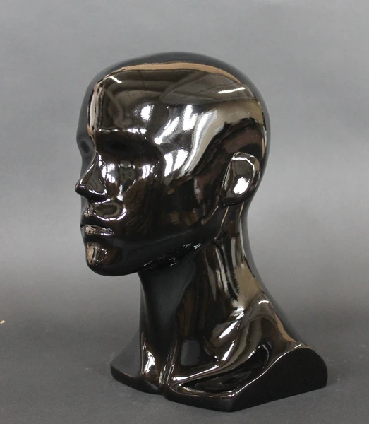 Compact featured-face male head mannequin in glossy black, MH8-HB
