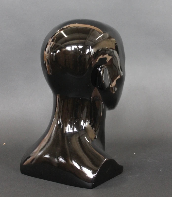 Compact featured-face male head mannequin in glossy black, MH8-HB