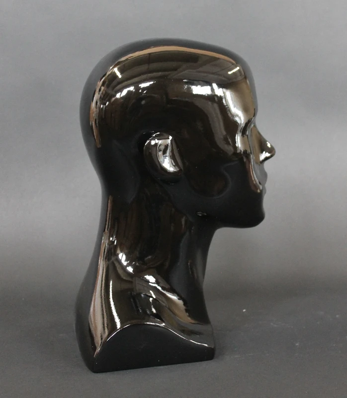 Compact featured-face male head mannequin in glossy black, MH8-HB
