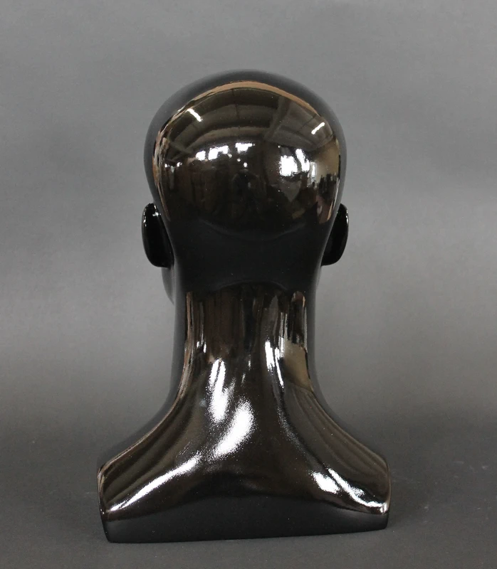 Compact featured-face male head mannequin in glossy black, MH8-HB