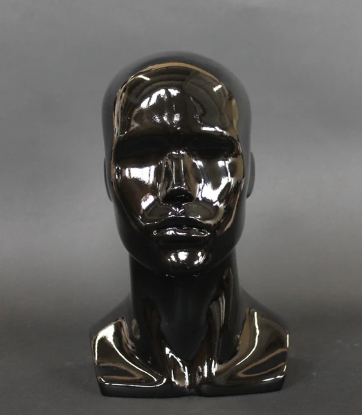 Compact featured-face male head mannequin in glossy black, MH8-HB