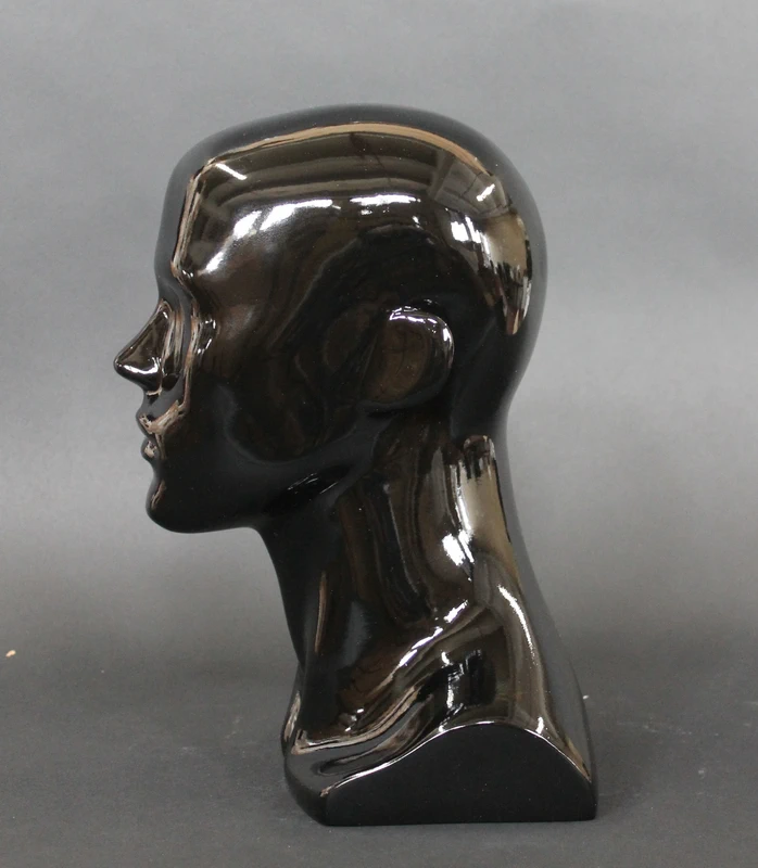Compact featured-face male head mannequin in glossy black, MH8-HB