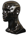 Compact featured-face male head mannequin in glossy black, MH8-HB