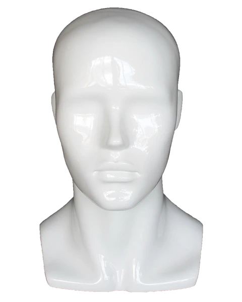 Compact featured-face male head mannequin in glossy white, MH8-GW