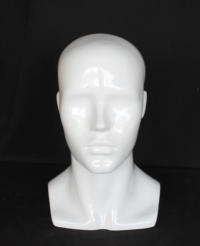 Compact featured-face male head mannequin in glossy white, MH8-GW
