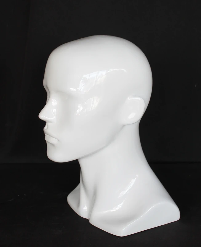 Compact featured-face male head mannequin in glossy white, MH8-GW