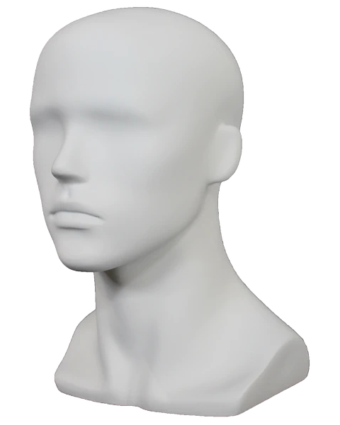 Compact featured-face male head mannequin in matte white, MH8-WT
