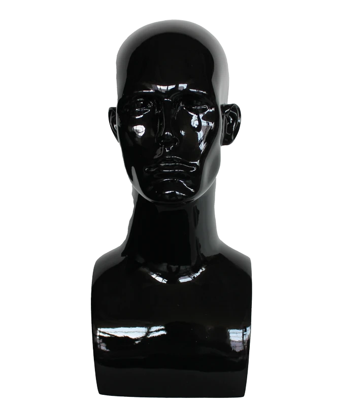 Tall featured-face male head mannequin in glossy black, MH9-HB