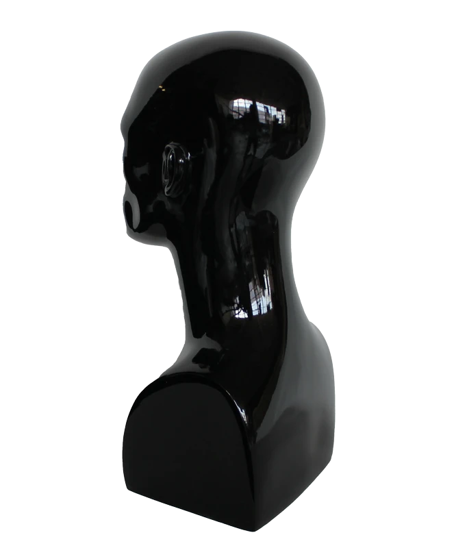 Tall featured-face male head mannequin in glossy black, MH9-HB