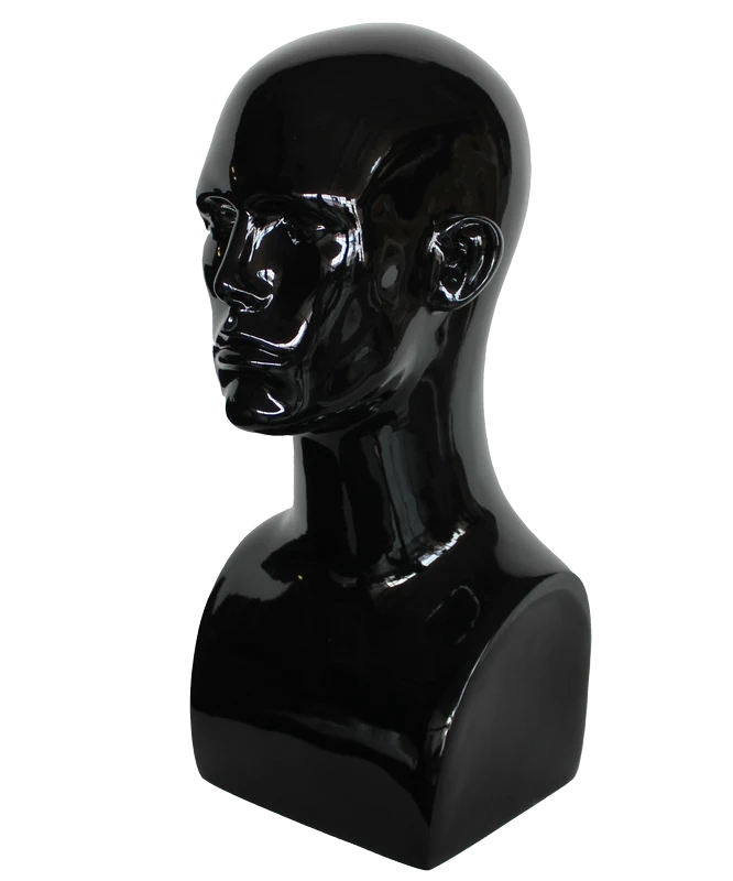 Tall featured-face male head mannequin in glossy black, MH9-HB