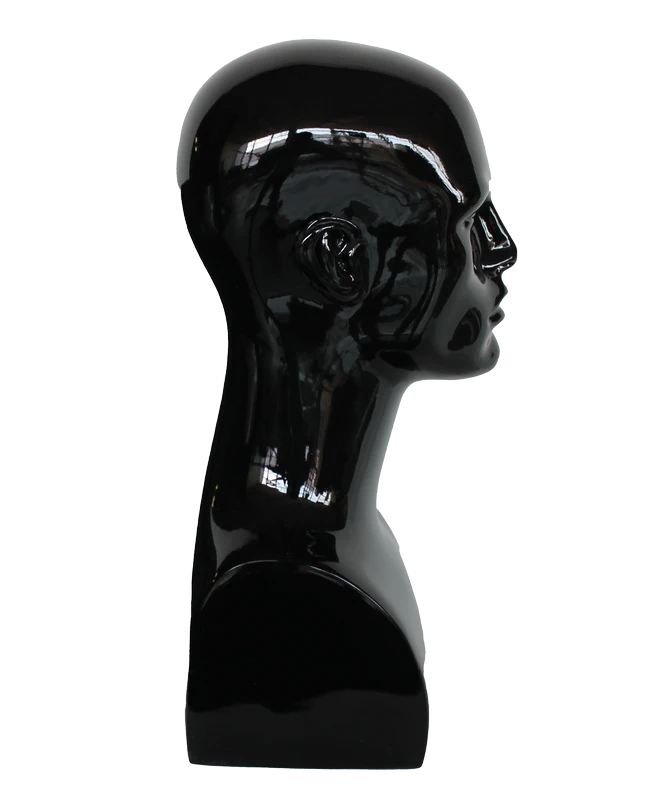 Tall featured-face male head mannequin in glossy black, MH9-HB