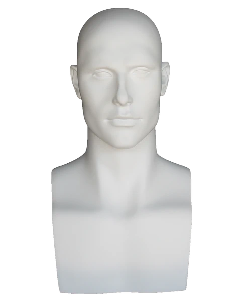 Tall featured-face male head mannequin in matte white, MH9-WT