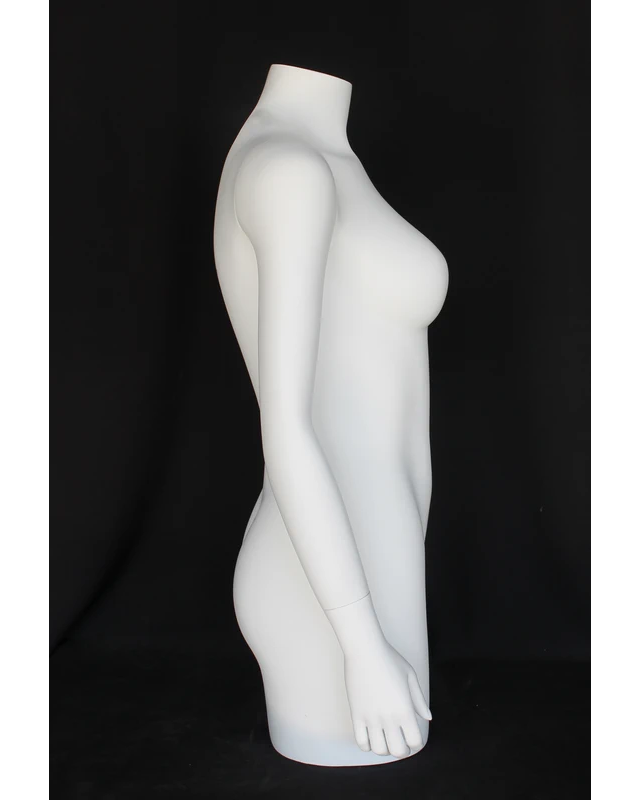 Headless three-quarter female torso form with arms in matte white