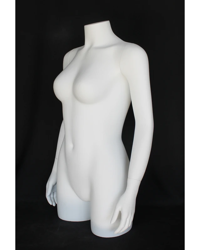 Headless three-quarter female torso form with arms in matte white