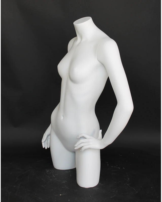 Headless three-quarter female torso form with arms in matte white