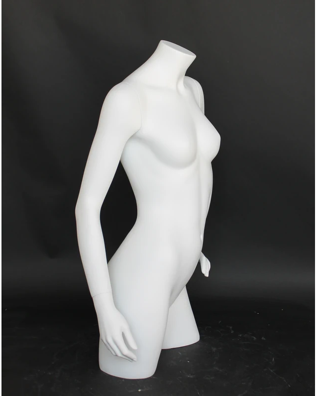 Headless three-quarter female torso form with arms in matte white