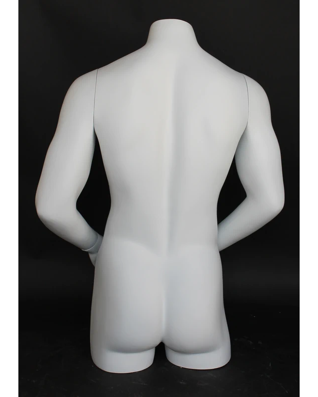 Broad-shoulder headless 3/4 male torso form with arms in matte white, MT7-WT