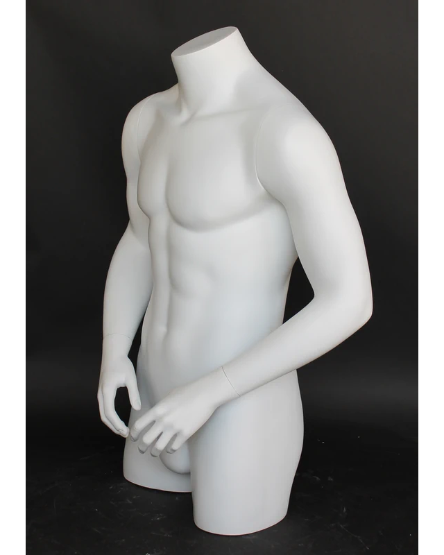 Broad-shoulder headless 3/4 male torso form with arms in matte white, MT7-WT