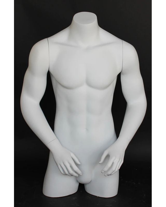 Broad-shoulder headless 3/4 male torso form with arms in matte white, MT7-WT