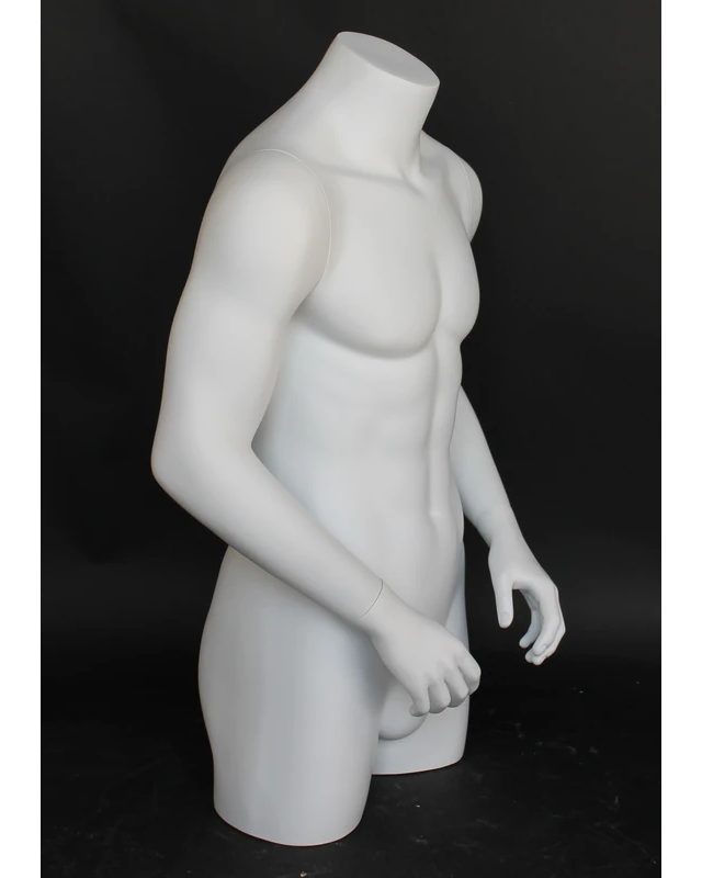 Broad-shoulder headless 3/4 male torso form with arms in matte white, MT7-WT