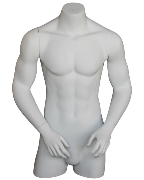 Broad-shoulder headless 3/4 male torso form with arms in matte white, MT7-WT