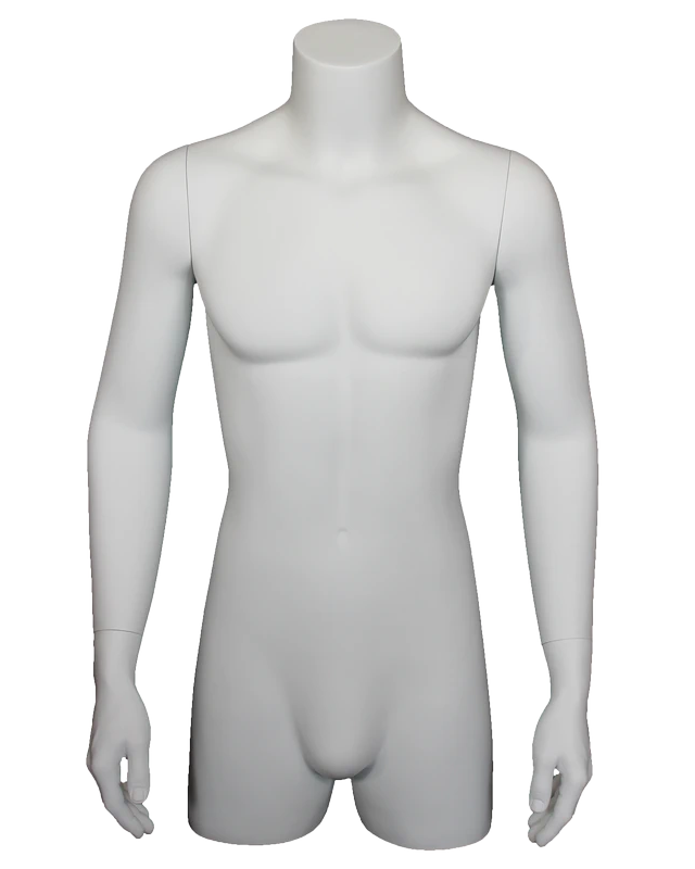 Headless 3/4 male torso form with arms in matte white, MT2-WT