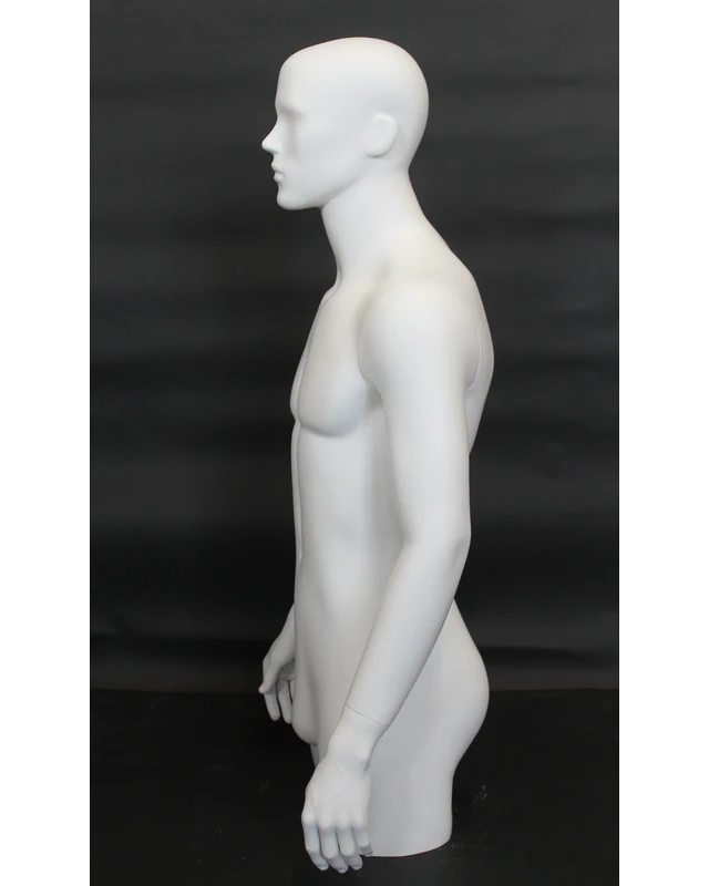 Abstract-face 3/4 male torso form with arms in matte white, MT5E-WT