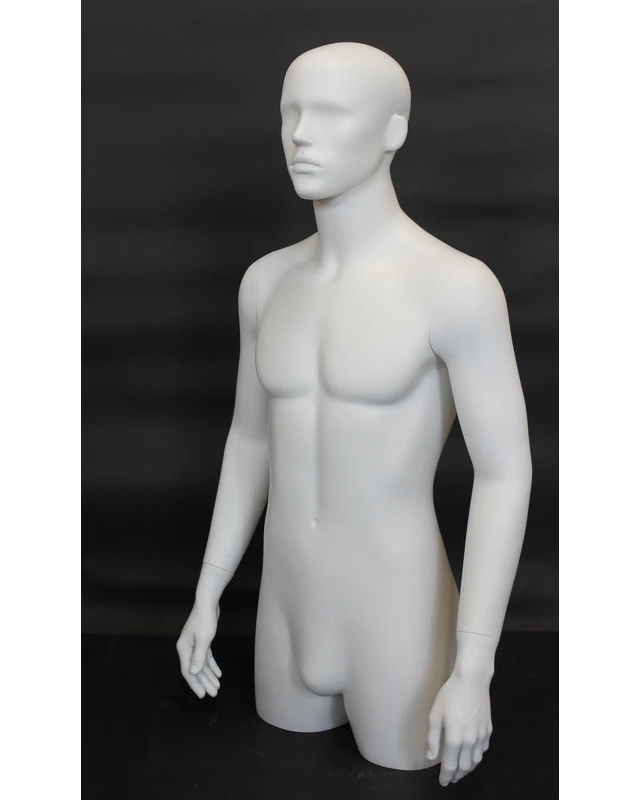 Abstract-face 3/4 male torso form with arms in matte white, MT5E-WT