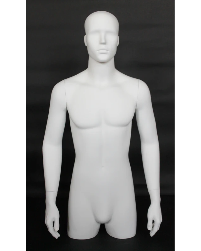 Abstract-face 3/4 male torso form with arms in matte white, MT5E-WT
