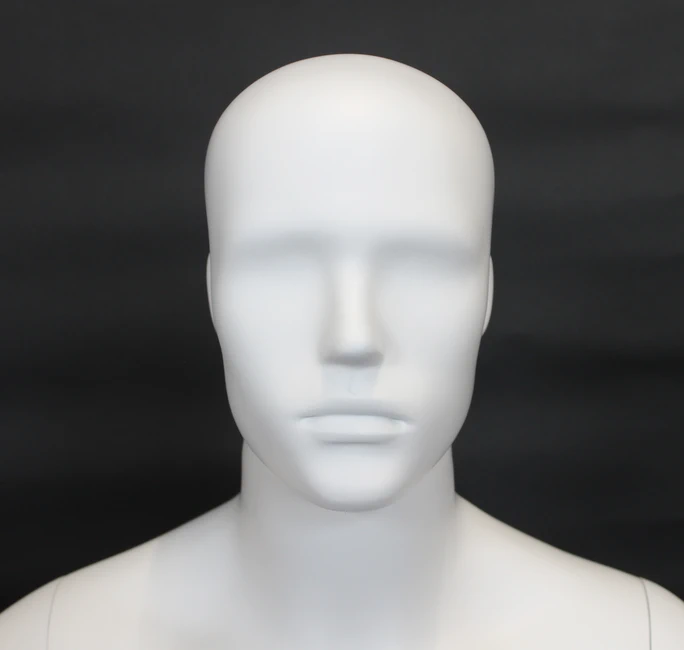 Abstract-face 3/4 male torso form with arms in matte white, MT5E-WT