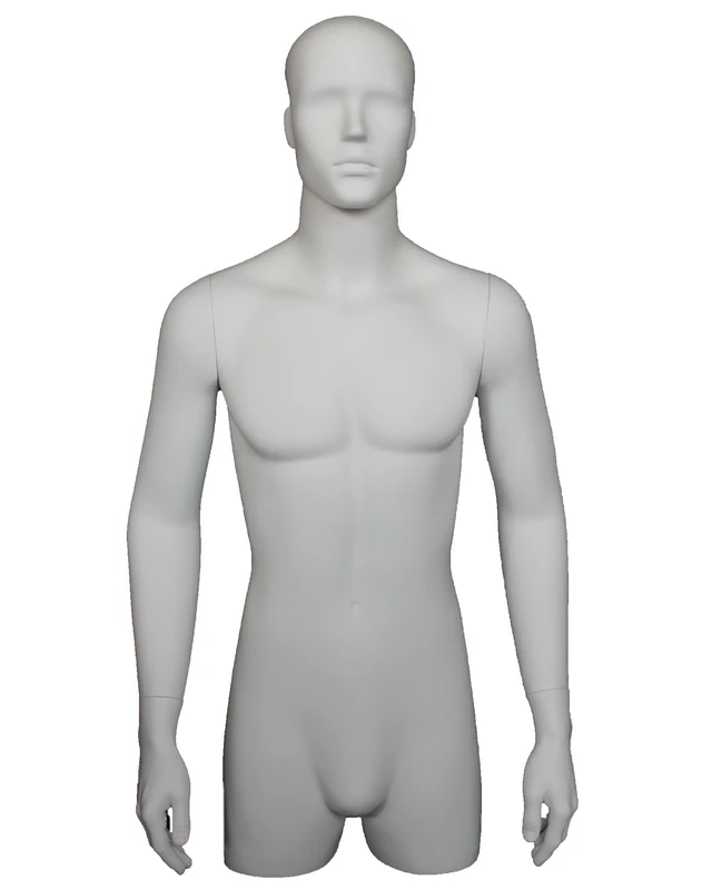 Abstract-face 3/4 male torso form with arms in matte white, MT5E-WT