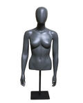 Egghead female torso mannequin with arms and metal base in dark grey, front view