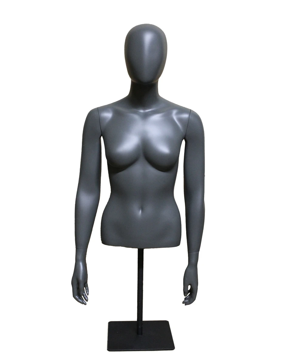 Egghead female torso mannequin with arms and metal base in dark grey, front view
