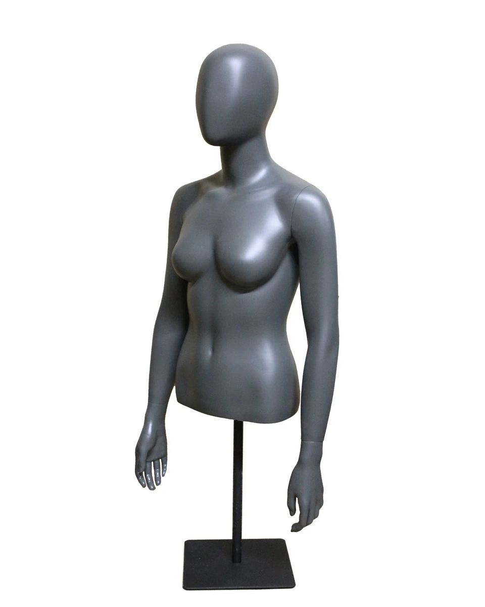 Egghead female torso mannequin with arms and metal base in dark grey