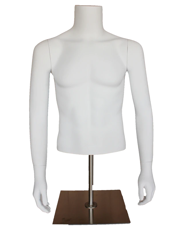 Headless male torso mannequin with arms and metal base in matte white, MT66-WM