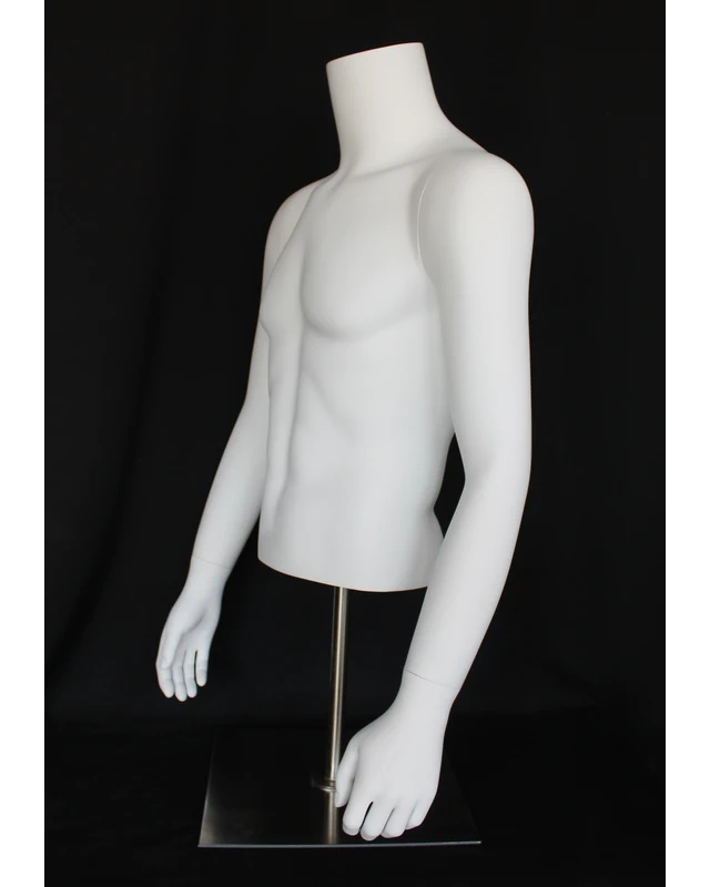 Headless male torso mannequin with arms and metal base in matte white, MT66-WM
