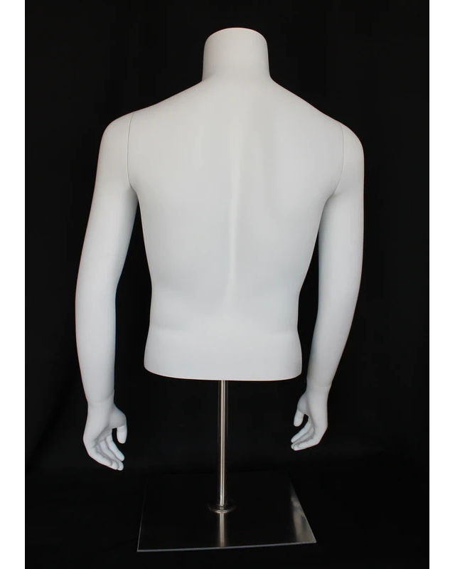 Headless male torso mannequin with arms and metal base in matte white, MT66-WM