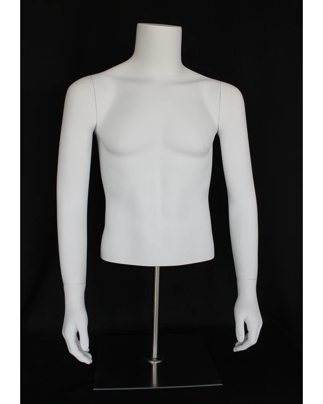 Headless male torso mannequin with arms and metal base in matte white, MT66-WM