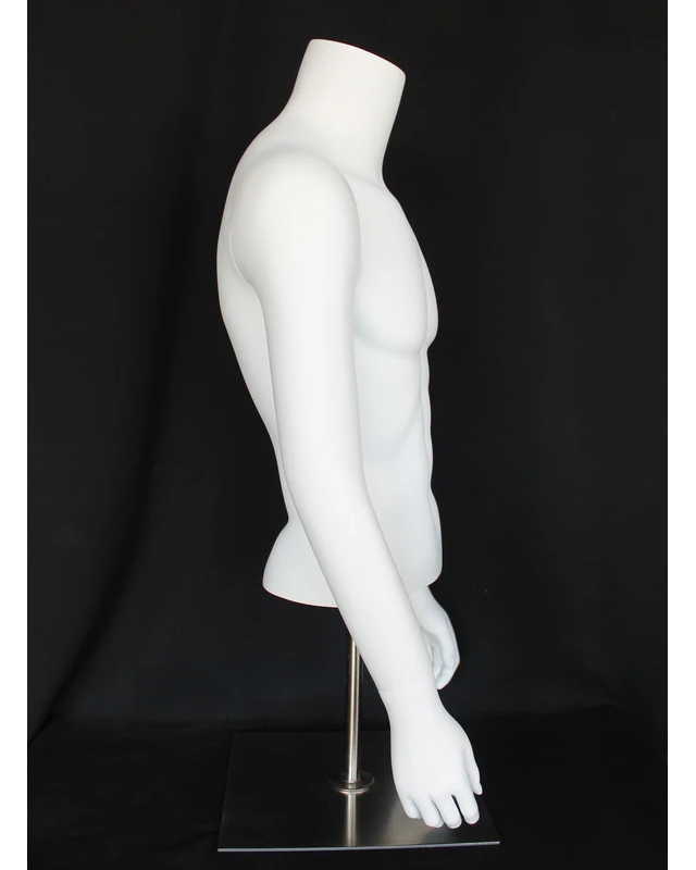 Headless male torso mannequin with arms and metal base in matte white, MT66-WM